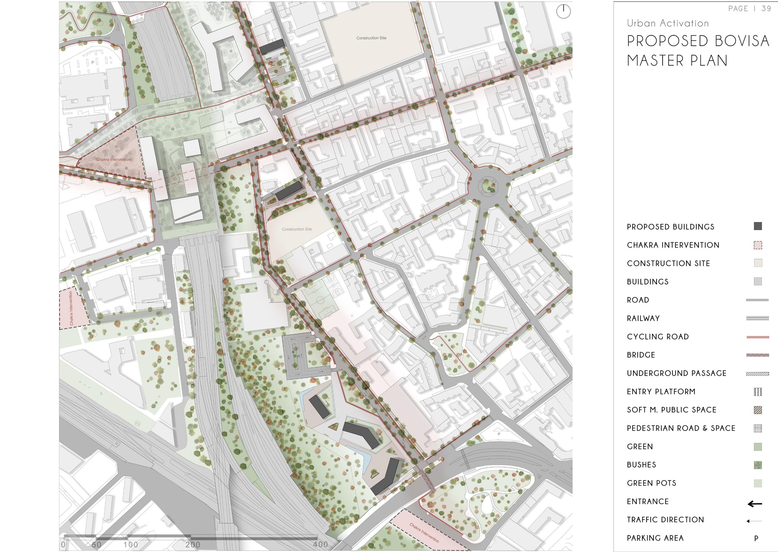 Proposed Bovisa masterplan — buildings, chakra interventions, cycling roads, green spaces, and pedestrian routes across the full district